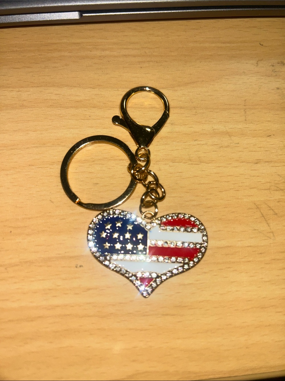 Gold-Tone Heart Keychain with American Flag Design - Red, White & Blue